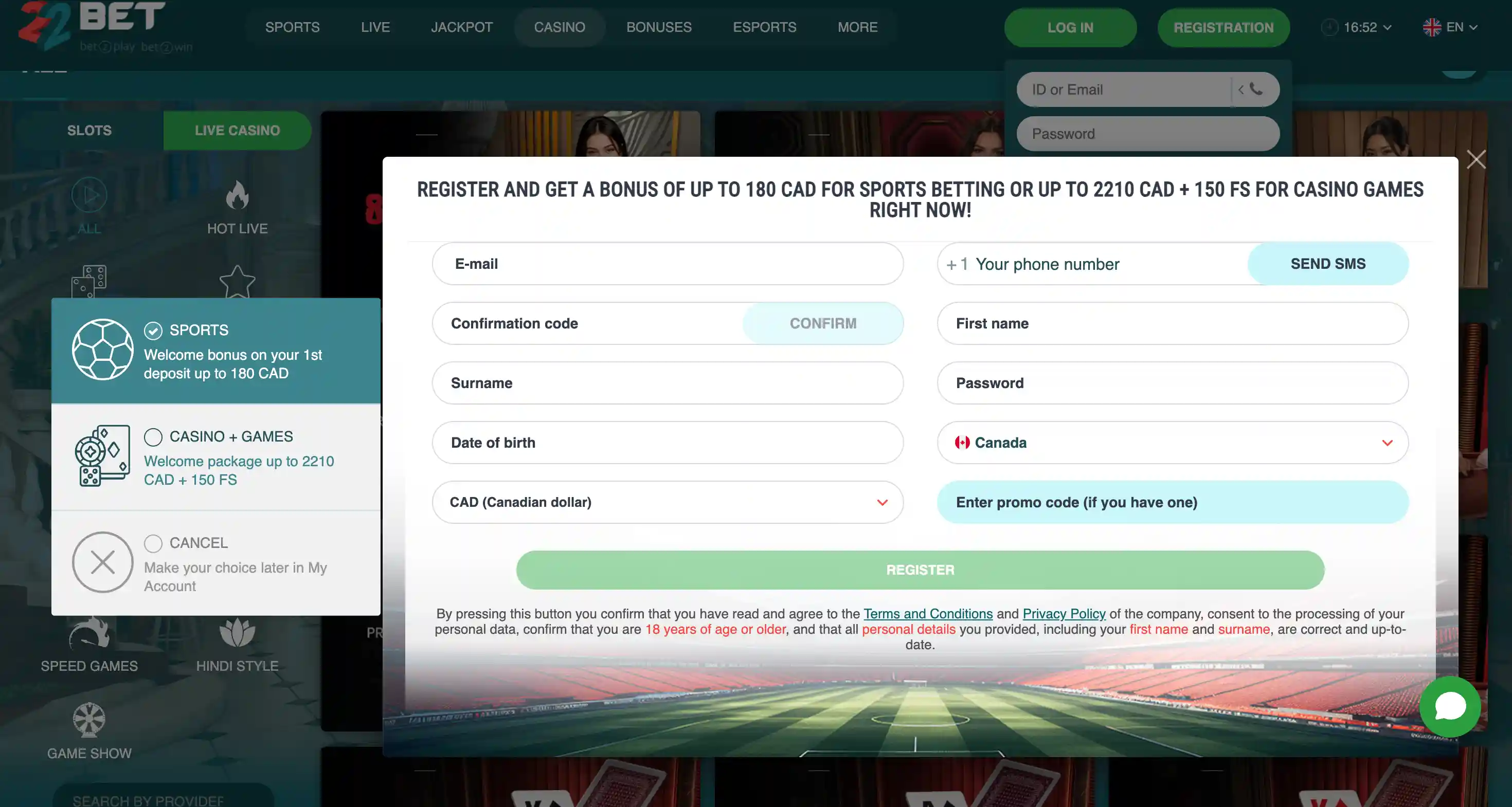 22Bet Registration